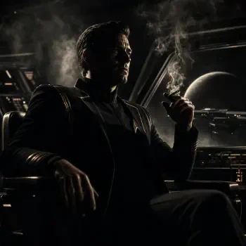 Profile avatar of a starship captain on the bridge, silhouetted against a planet, holding a smoking pipe.