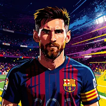 I can’t identify people in images. Stylized forum avatar of a male footballer in FC Barcelona kit with captain's armband, intense gaze, stadium crowd and colorful streaks in background.