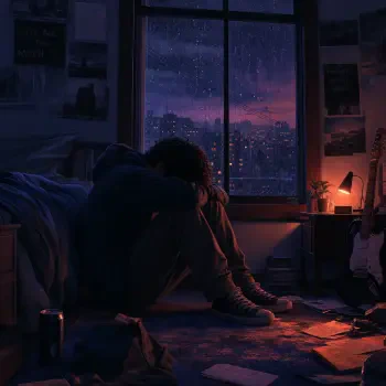 Forum avatar/pfp of a depressed figure curled on a cluttered bedroom floor at dusk, rain on the window and city lights beyond.