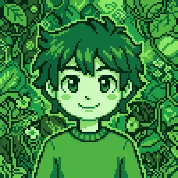 Pixel-art green forum avatar: smiling youth with tousled green hair and sweater, set against a dense leafy green background.