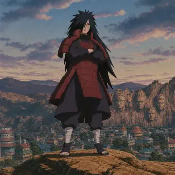 Forum avatar of Madara Uchiha: standing on a cliff at sunset in red armor, arms crossed, overlooking the Hidden Leaf Village with the Hokage faces carved in the mountain.