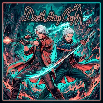 Devil May Cry profile avatar: Dante and Vergil back-to-back, guns and sword crackling with blue demonic energy against a fiery, ruined backdrop.