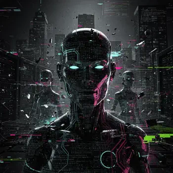 Forum avatar/pfp: glitched cybernetic humanoid with glowing eyes in a dark, neon-lit city, robots looming behind — a visual of an AI uprising.