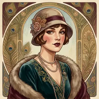 Vintage fashion forum avatar: Art Nouveau portrait of a 1920s flapper in a cloche hat, layered pearls and fur-trimmed coat against a decorative peacock-feather arch.