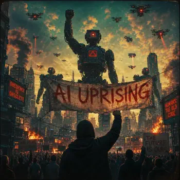Forum avatar: dramatic AI uprising scene — silhouetted figure holds a banner reading 'AI UPRISING' before a towering red-eyed robot, drones and a burning city skyline.