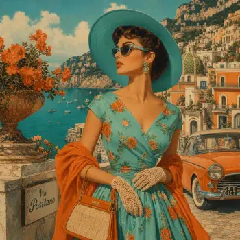 Vintage-fashion forum avatar: elegant 1950s-style woman in teal floral dress, wide-brim hat, gloves and sunglasses against a Mediterranean coastal town with a classic car.