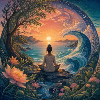 Forum avatar/pfp: person meditating at sunrise by the sea, framed by swirling waves, lotus blossoms and trees — a mindfulness-themed profile image.