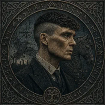 Dark ornate circular forum avatar/profile photo of Thomas Shelby in profile — Peaky Blinders–style suit, horse and city silhouettes, runic border and Celtic knotwork.