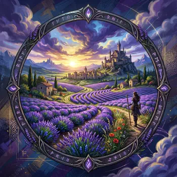 Forum avatar/pfp: circular fantasy vista of lavender fields at sunset, a lone traveler on a path toward a distant castle beneath dramatic, swirling clouds.