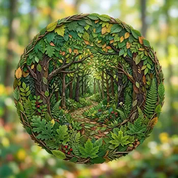 Nature-themed circular forum avatar/pfp: a wreath of leaves frames a sunlit forest tunnel with ferns, oak leaves, mossy stones and tiny red berries.