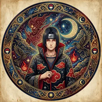 Forum avatar: ornate circular portrait of Itachi Uchiha in Akatsuki cloak, Sharingan headband, surrounded by crows, crescent moon, stars and swirling red flames.