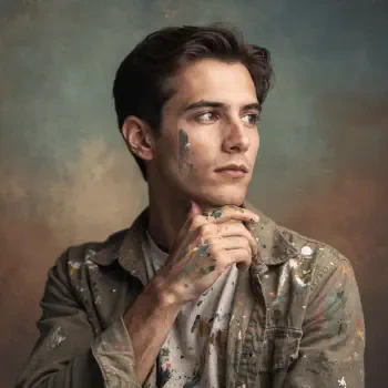 Artist forum avatar: thoughtful young painter in a paint-splattered shirt with paint on his face and hands, gazing to the side in a portrait-style profile photo.