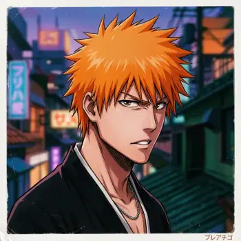 Bleach's Ichigo Kurosaki as a stylized forum avatar/pfp — orange hair, intense gaze against a neon-lit city street.