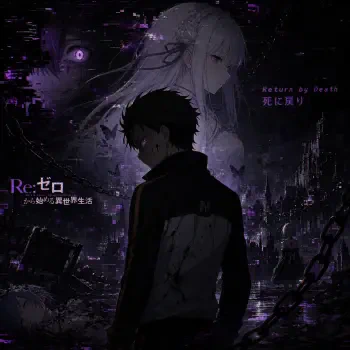 Re:Zero forum avatar: shadowed Subaru silhouette foreground, pale Emilia behind, glitchy purple eye and chains over a warped cityscape, text Return by Death.