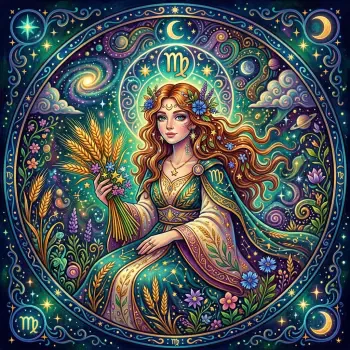 Cosmic ornate maiden holding wheat within a floral circle, Virgo glyphs visible — colorful mystical forum avatar/pfp representing Virgo (astrology).