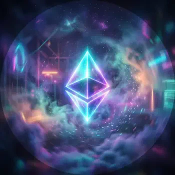 Neon Ethereum symbol floating in a colorful cosmic nebula inside a circular forum avatar/pfp/profile photo, with vapor trails and a futuristic glow.
