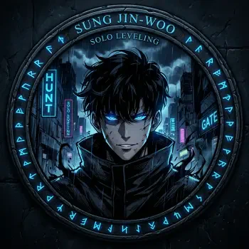 Solo Leveling forum avatar/pfp/profile photo of Sung Jin-Woo: hooded figure with glowing blue eyes, neon city backdrop, circular rune frame and glowing HUNT/GATE signs.