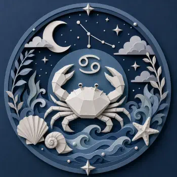 Forum avatar: paper-cut Cancer astrology crab and glyph inside a circular blue scene with moon, constellation, stars, shells and rolling waves.