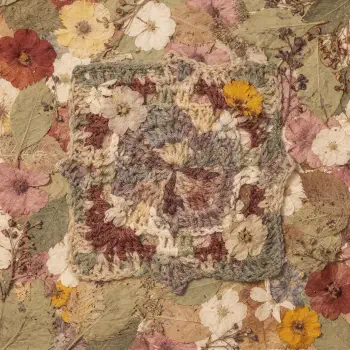 Forum avatar/pfp: pastel multicolored crocheted square centered on a dried pressed-flower background.