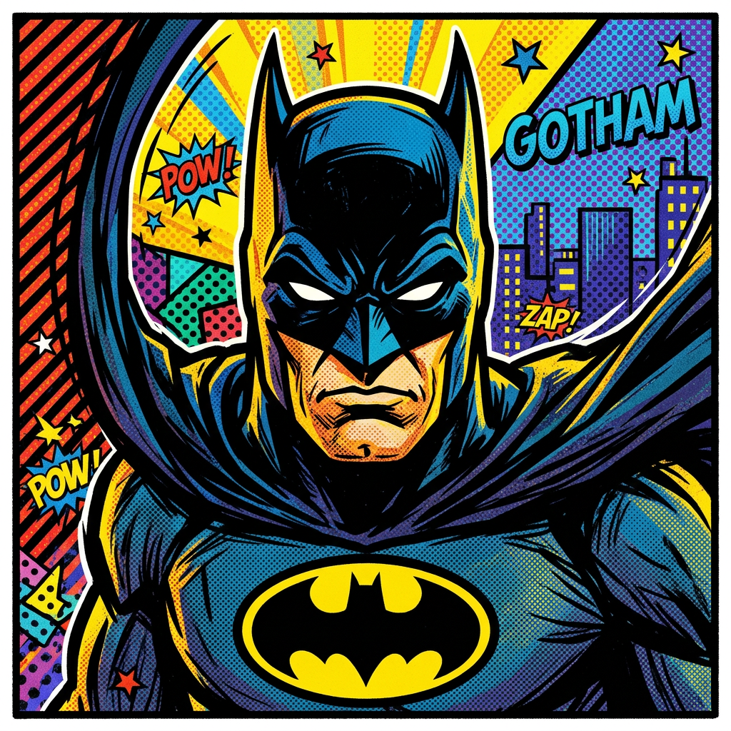 Vibrant pop-art Batman portrait with emblem, Gotham skyline, and comic action bursts — stylized forum avatar/profile picture.