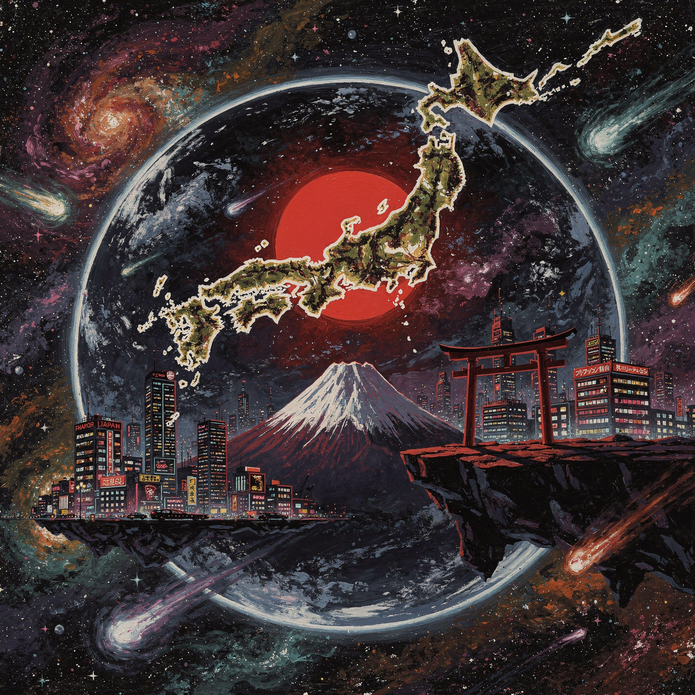 Forum avatar/pfp of Japan: cosmic collage with a glowing map over a red sun, Mount Fuji, a torii on a cliff, neon city skyline and swirling galaxies inside a starry bubble.