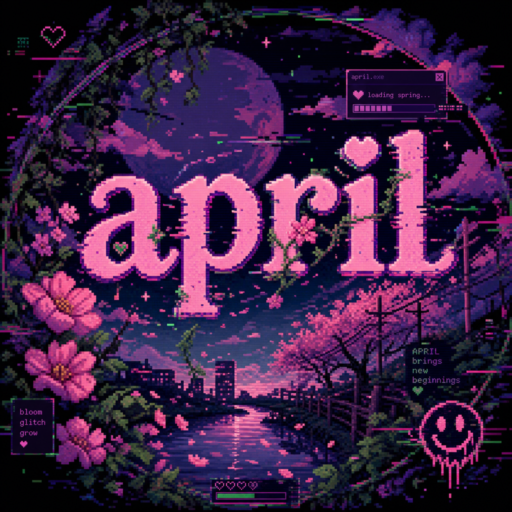 Pixel-art forum avatar/profile photo: bold pink april over a moonlit river, cherry blossoms, neon HUD accents and a dripping smiley.