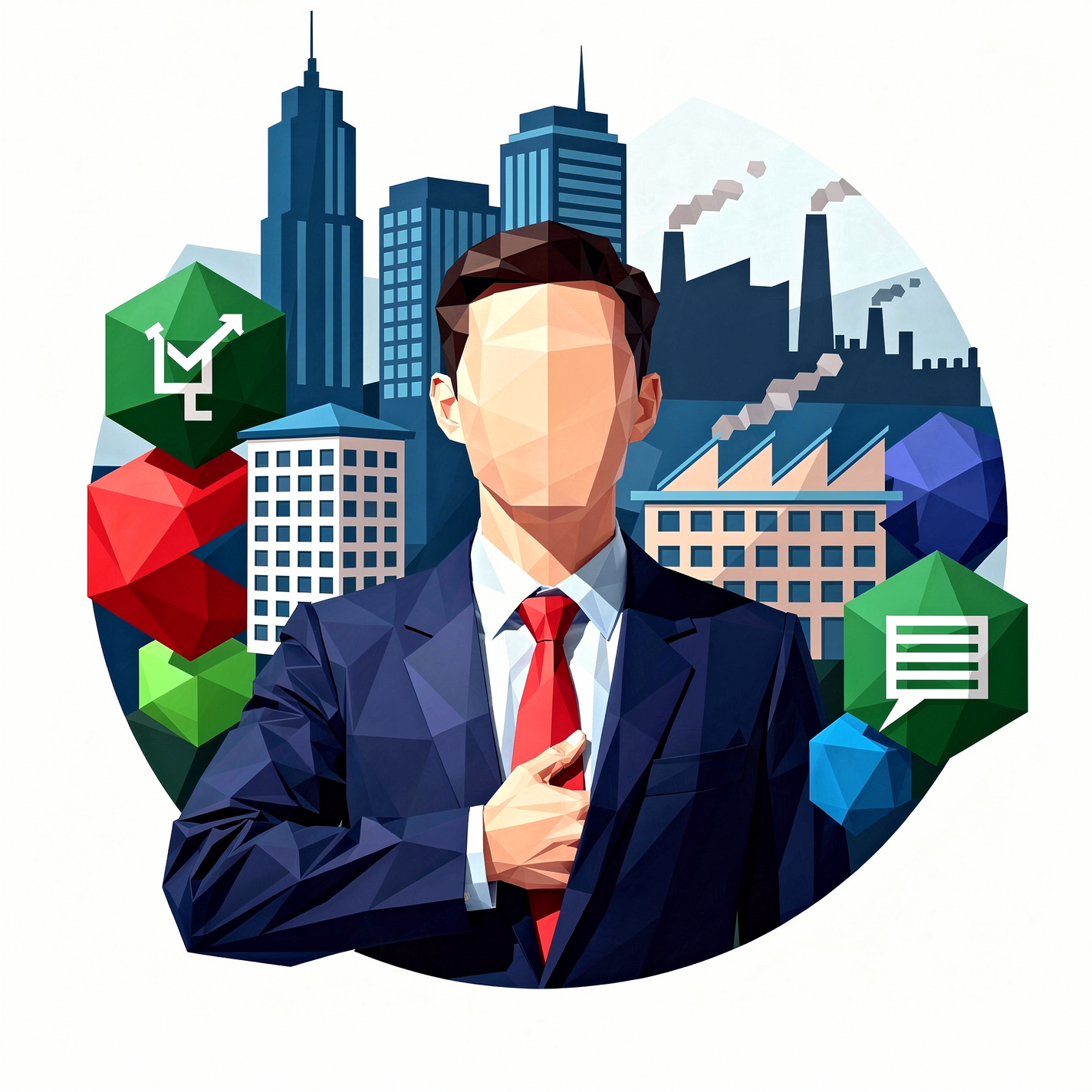 Forum avatar/pfp of a faceless suited businessman against a city and industrial skyline with corporate icons, symbolizing corporatism.