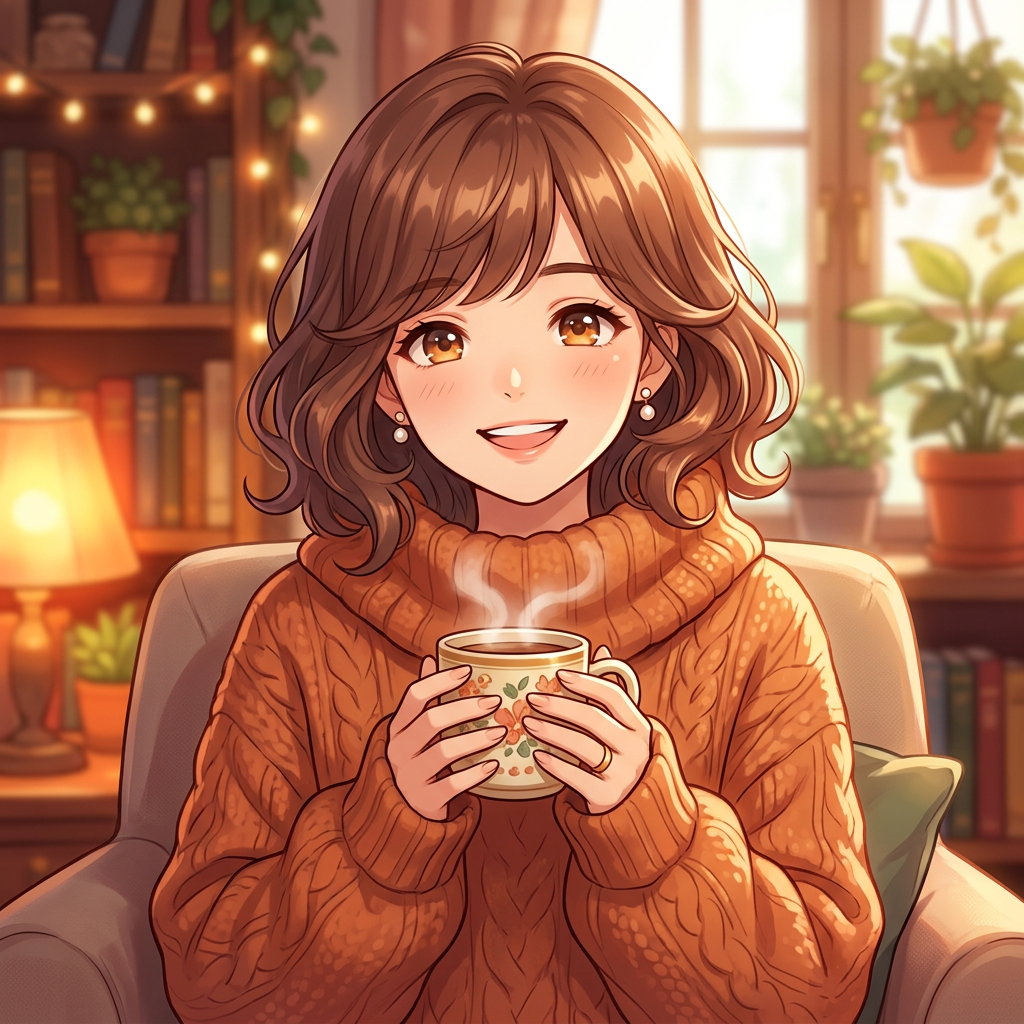 Forum avatar: smiling young woman in a cozy sweater, holding a steaming mug in a warm, book-lined room.