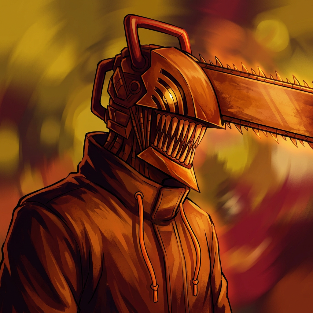 Chainsaw Man forum avatar: hooded, chainsaw-headed character with a toothed mask against a fiery orange bokeh background.