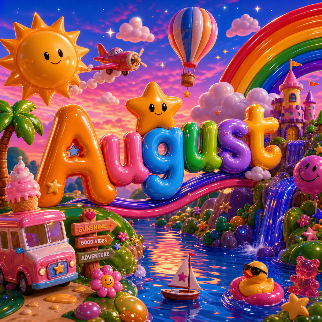 Whimsical forum avatar: August in puffy colorful letters amid a smiling sun, rainbow, hot-air balloon, toy van and rubber duck on a sparkling river.
