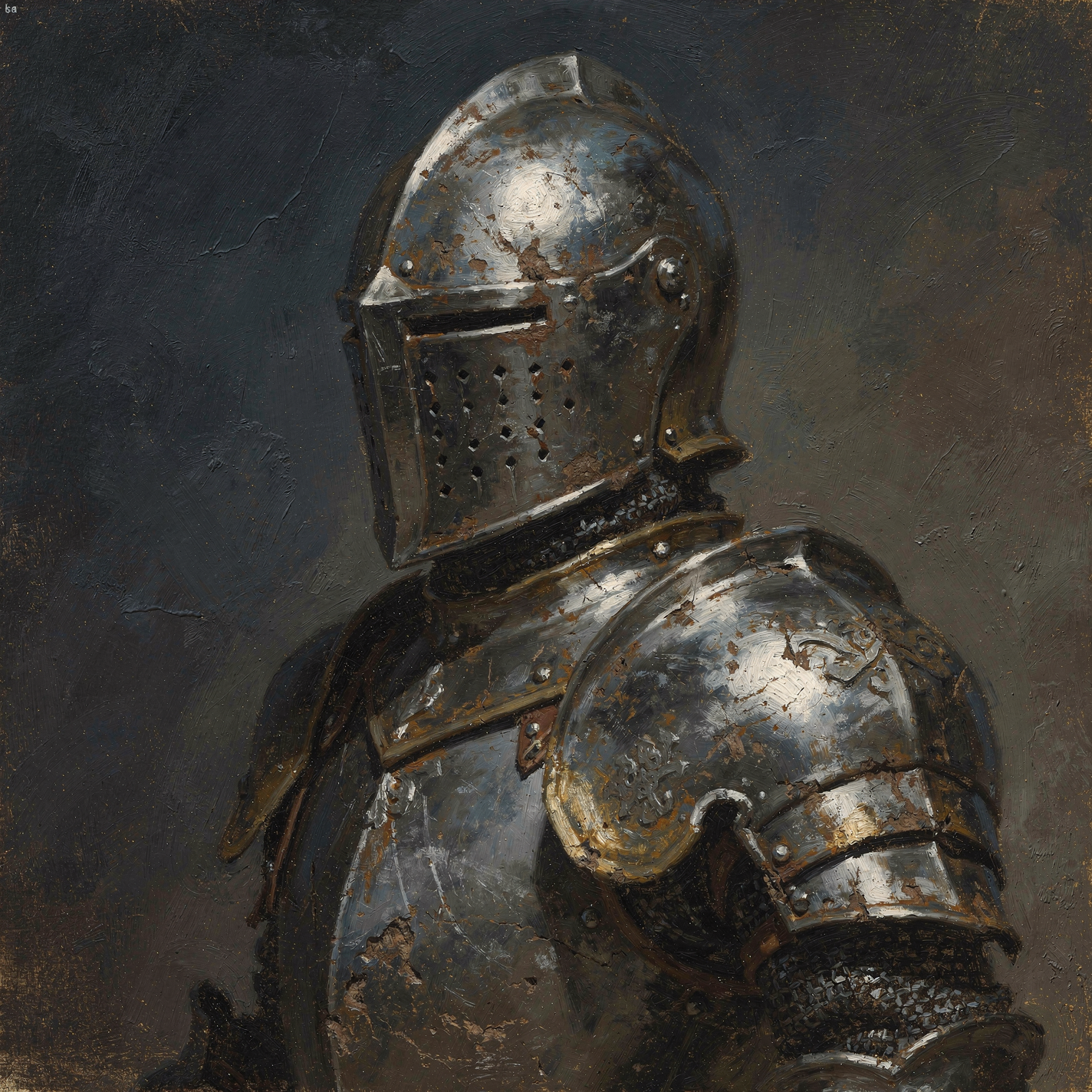 Forum avatar/pfp of a medieval knight in dented dark steel plate armor with a closed visor, shown in three-quarter profile against a moody, painterly background.