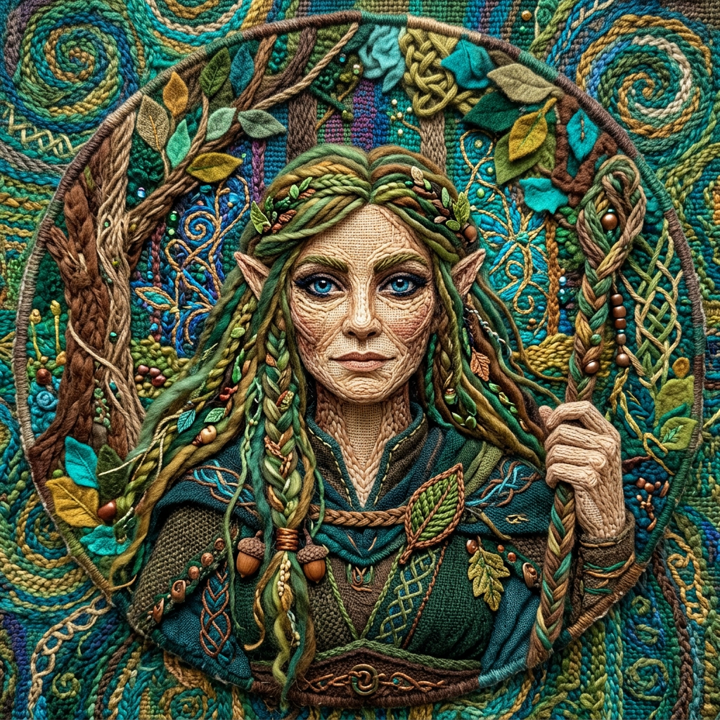 Fantasy forum avatar/pfp: intricate elf-like woman with braided green hair, leaf-adorned cloak and staff, set against woven vines and teal swirls.