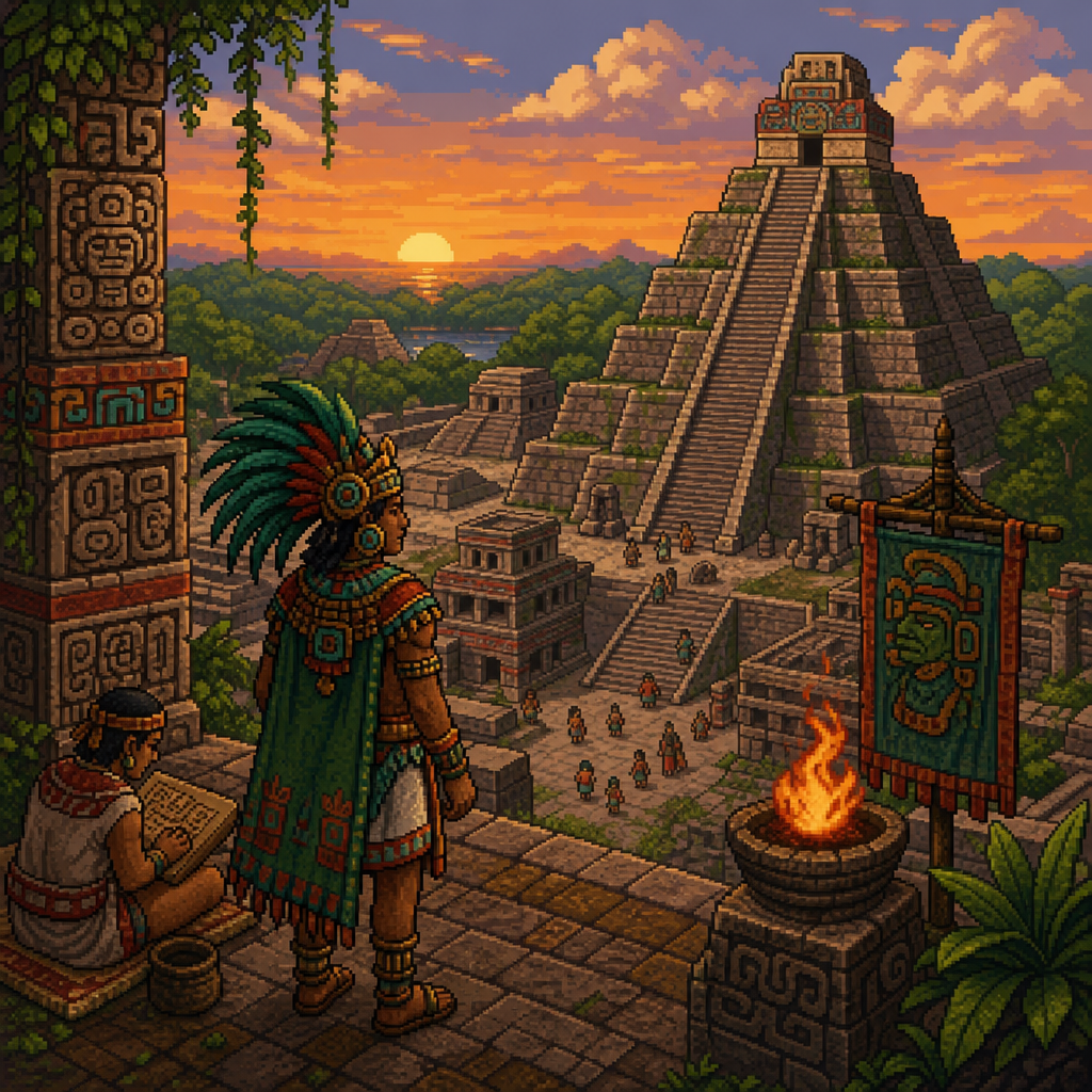 Forum avatar: stylized ancient Maya sunset scene — a feather‑plumed leader and scribe overlooking a stepped pyramid, ceremonial plaza, jungle and burning brazier.