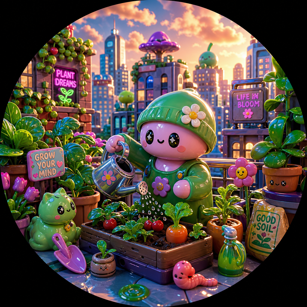Round forum avatar of a kawaii mushroom character tending an urban gardening rooftop—potted plants, watering can, smiling plant friends and a city skyline at sunset.