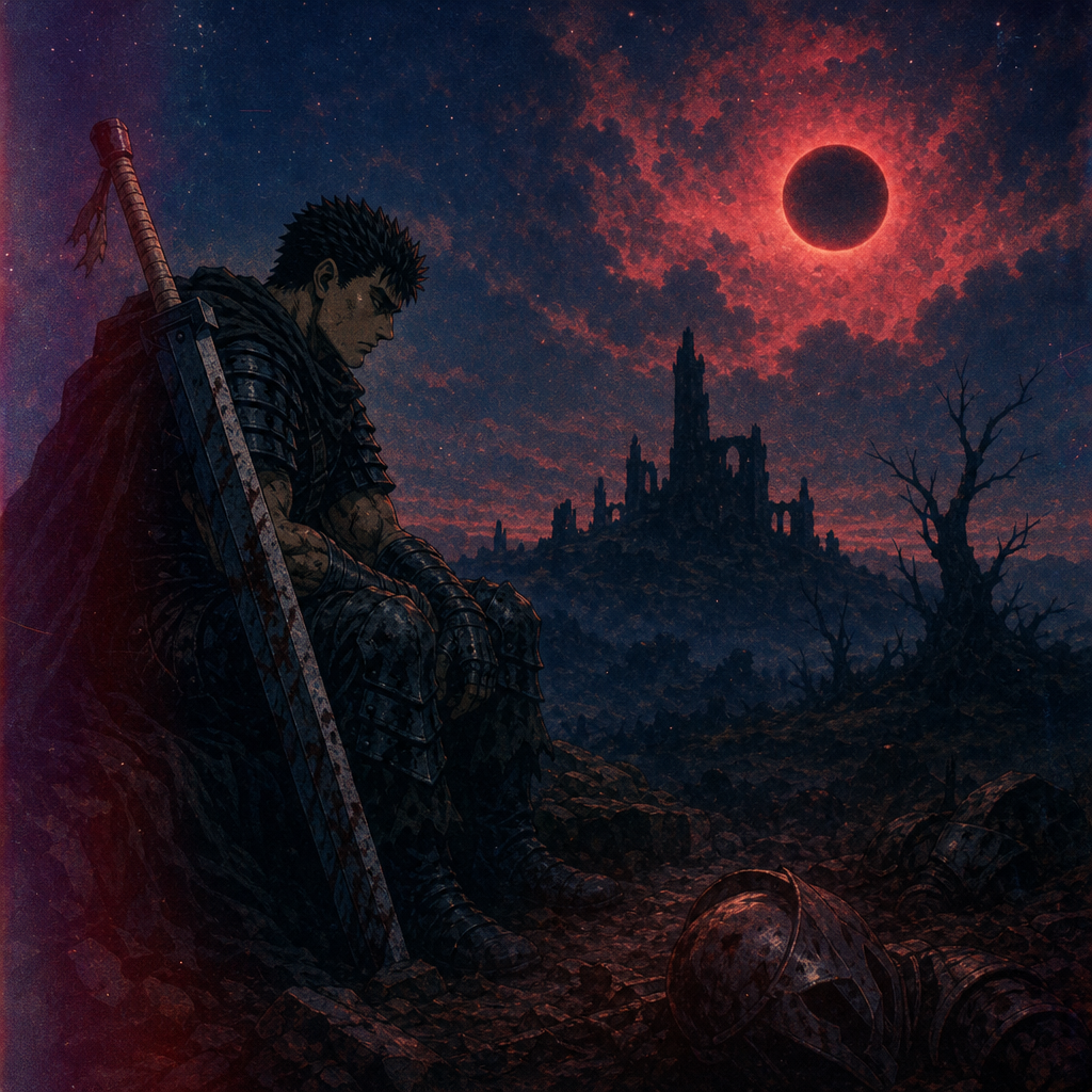 Berserk forum avatar/pfp: Guts seated with his massive sword on a desolate battlefield, a blood-red eclipse looming over a ruined castle.