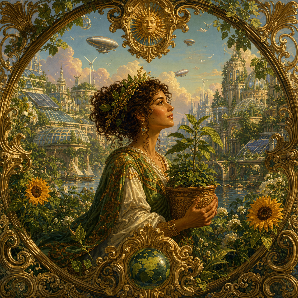 Solarpunk forum avatar: ornate circular portrait of a woman cradling a potted plant amid sunlit green cityscapes, solar panels, wind turbines and a golden sun emblem.