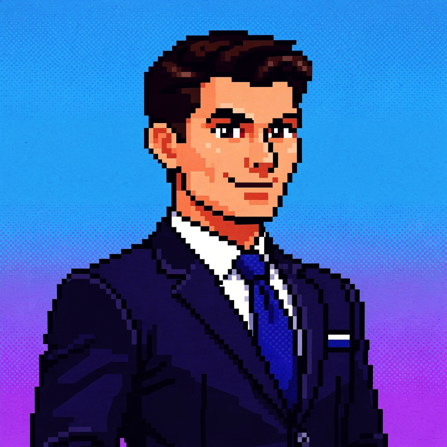 Pixel-art forum avatar of an entrepreneur: confident man in a navy suit and blue tie against a blue-to-purple gradient background.