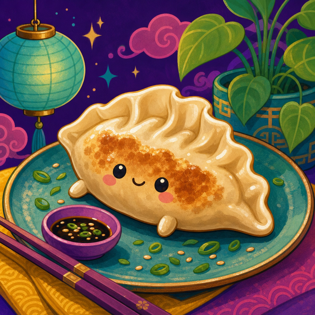 Cute smiling dumpling on a decorative plate with dipping sauce, lantern and potted plant accents — colorful forum avatar/profile photo.