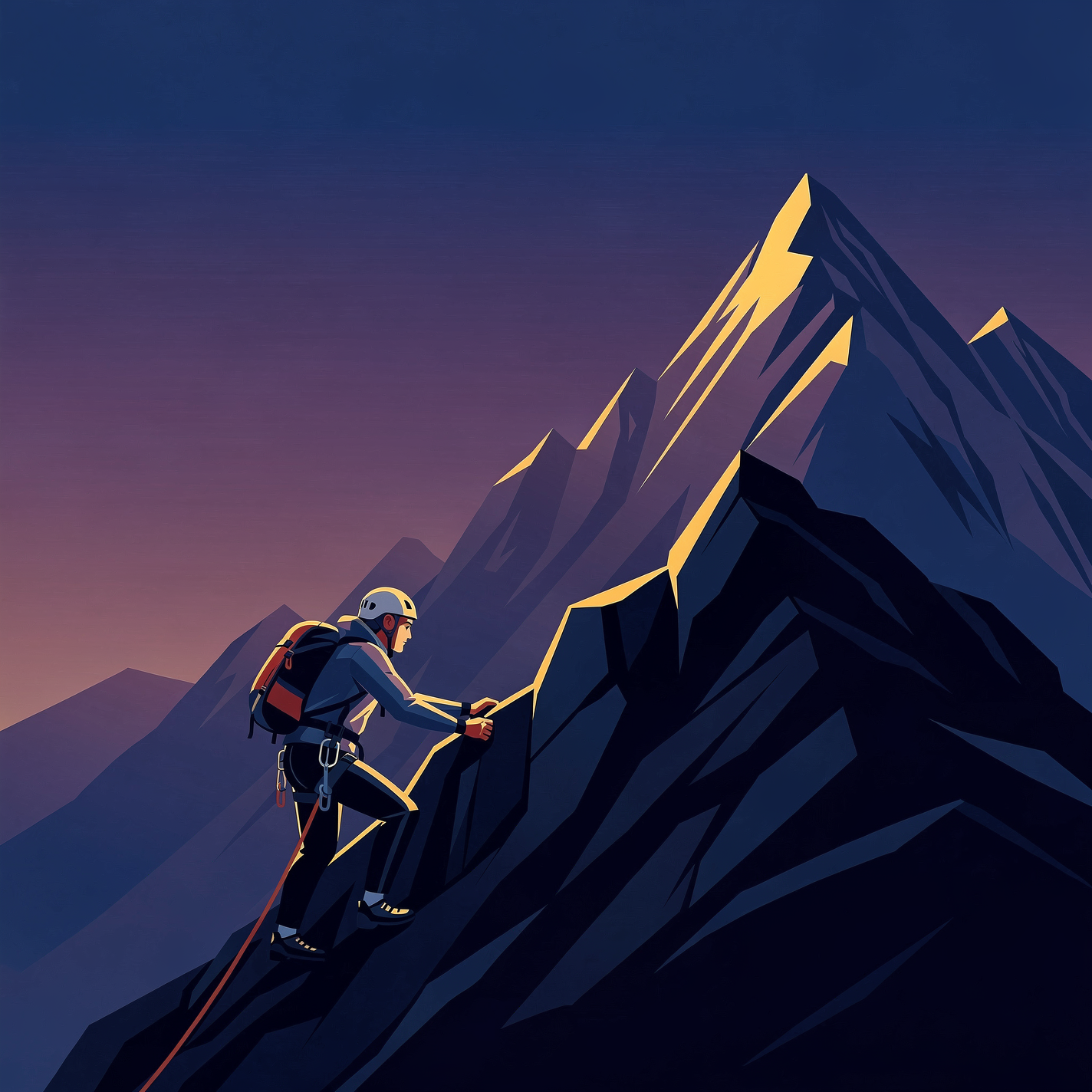 Forum avatar of a climber scaling a jagged mountain at dusk; stylized profile photo with dramatic peaks and warm sunset light.