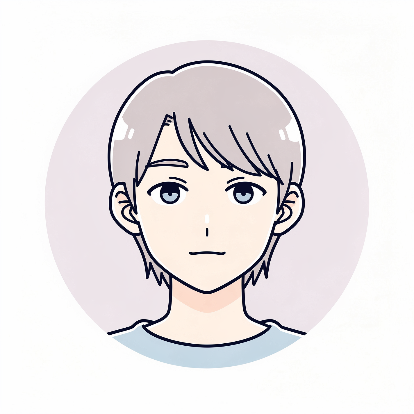 Minimalist forum avatar/pfp: anime-style headshot of a neutral young person with short ash hair, blue eyes, pale circular background.