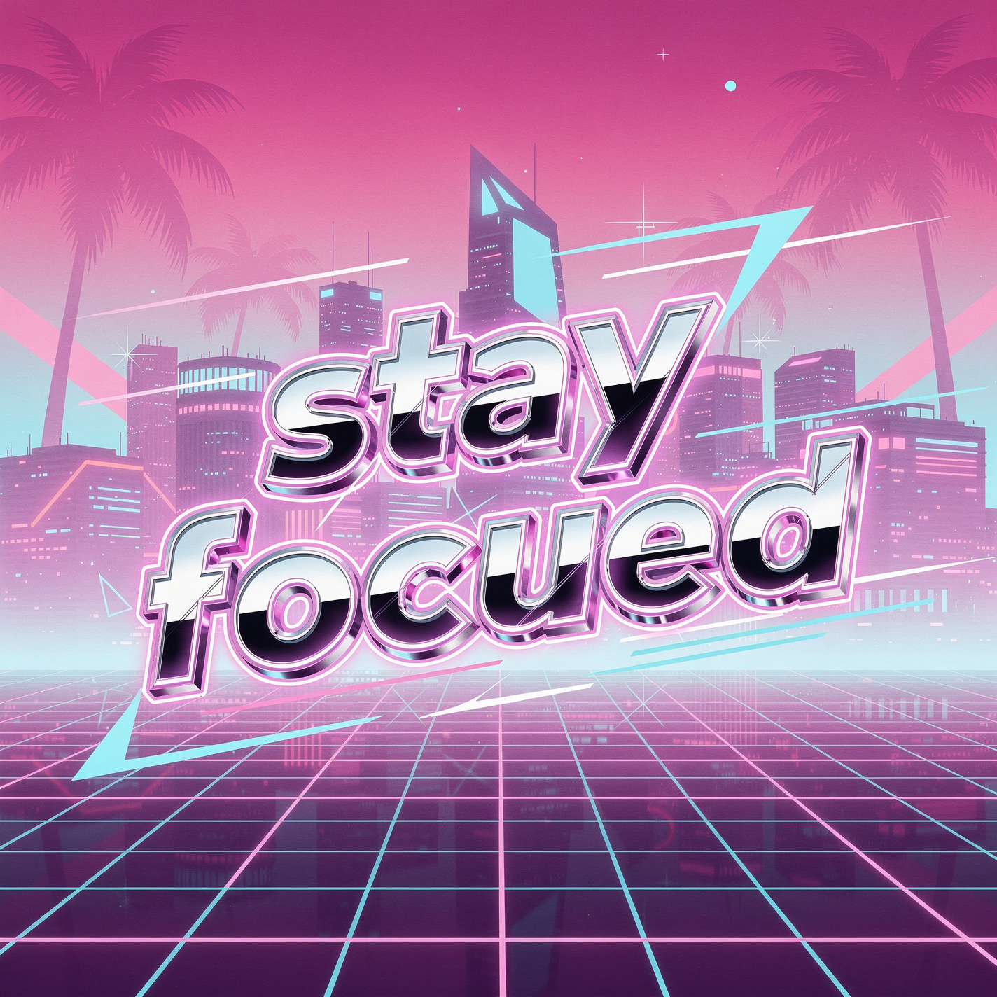 Synthwave forum avatar: chrome-pink stay focused text over a neon grid, futuristic city skyline, palm silhouettes and starry pink sky.