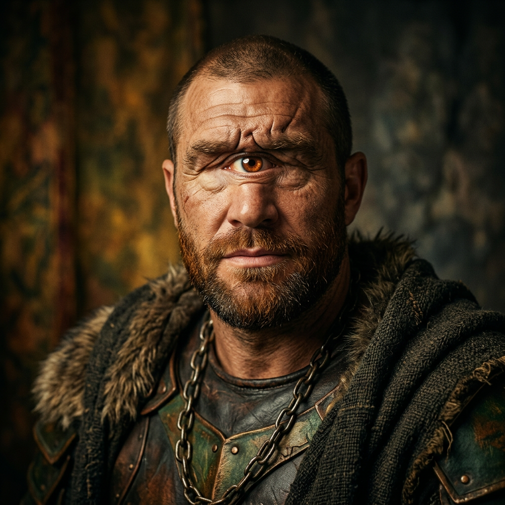 Forum avatar: rugged bearded cyclops with a single central eye, wearing a fur-lined cloak and leather armor, stern expression and weathered features.