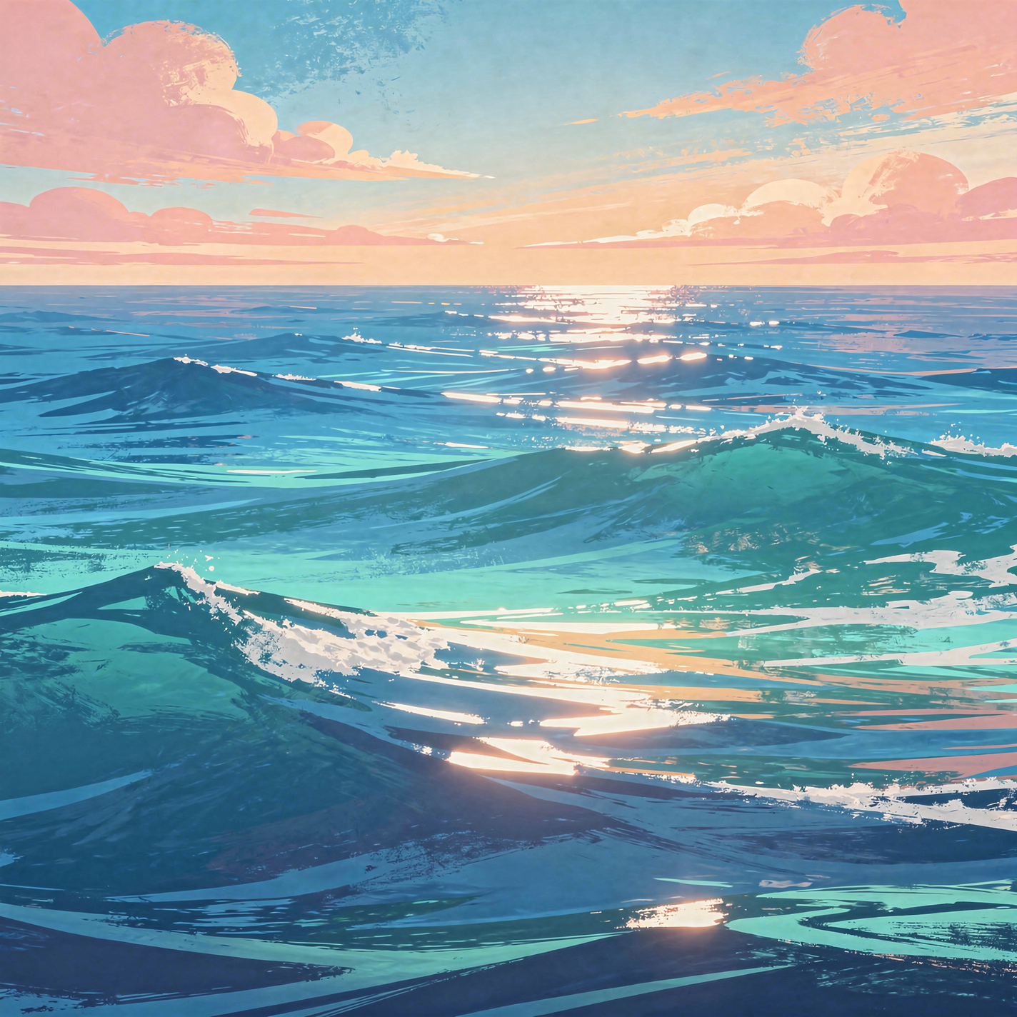 Pastel sea at sunset with shimmering teal waves and sunlit reflections, rendered as a forum avatar/profile photo.