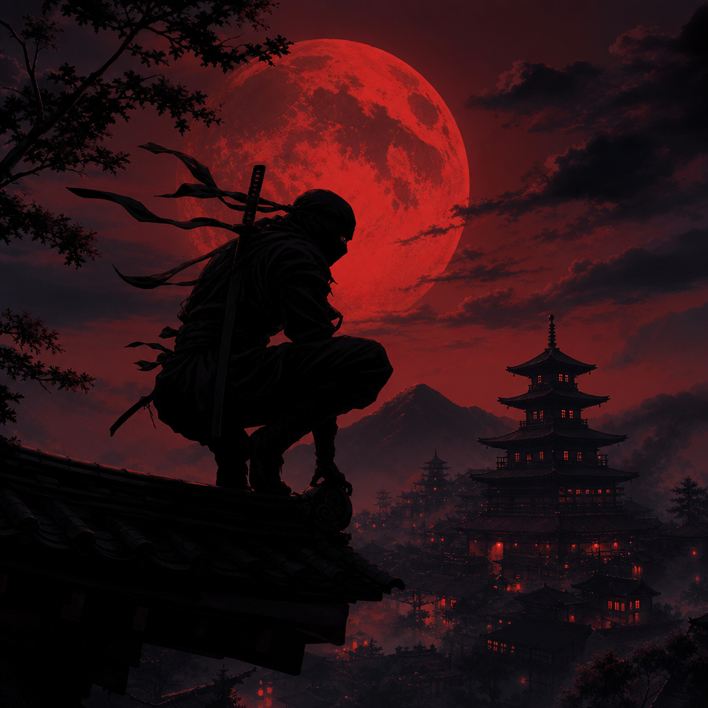 Silhouetted ninja crouching on a rooftop against a blood-red full moon, overlooking a misty city with an illuminated pagoda — stylized forum avatar/profile photo.