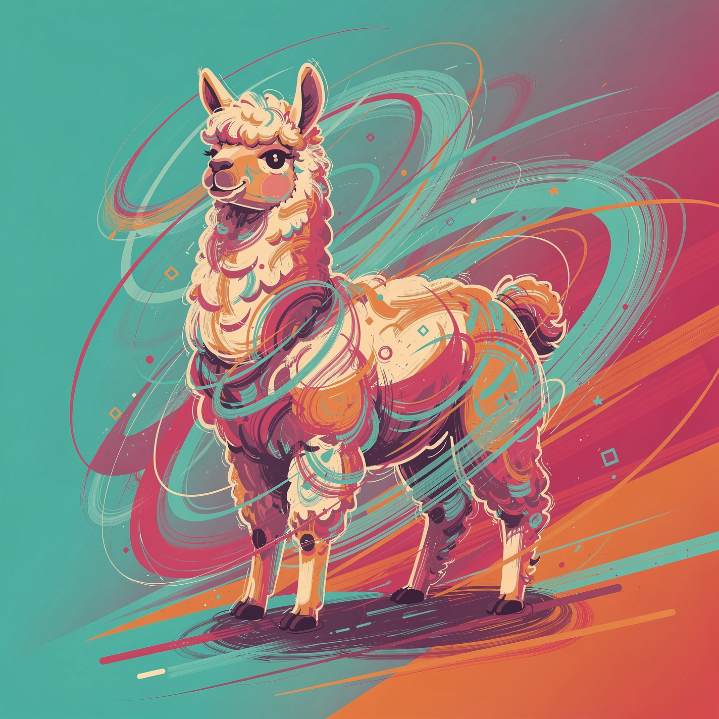 Vibrant stylized alpaca forum avatar with playful expression, fluffy wool and swirling neon brushstrokes forming a dynamic, whimsical profile image.
