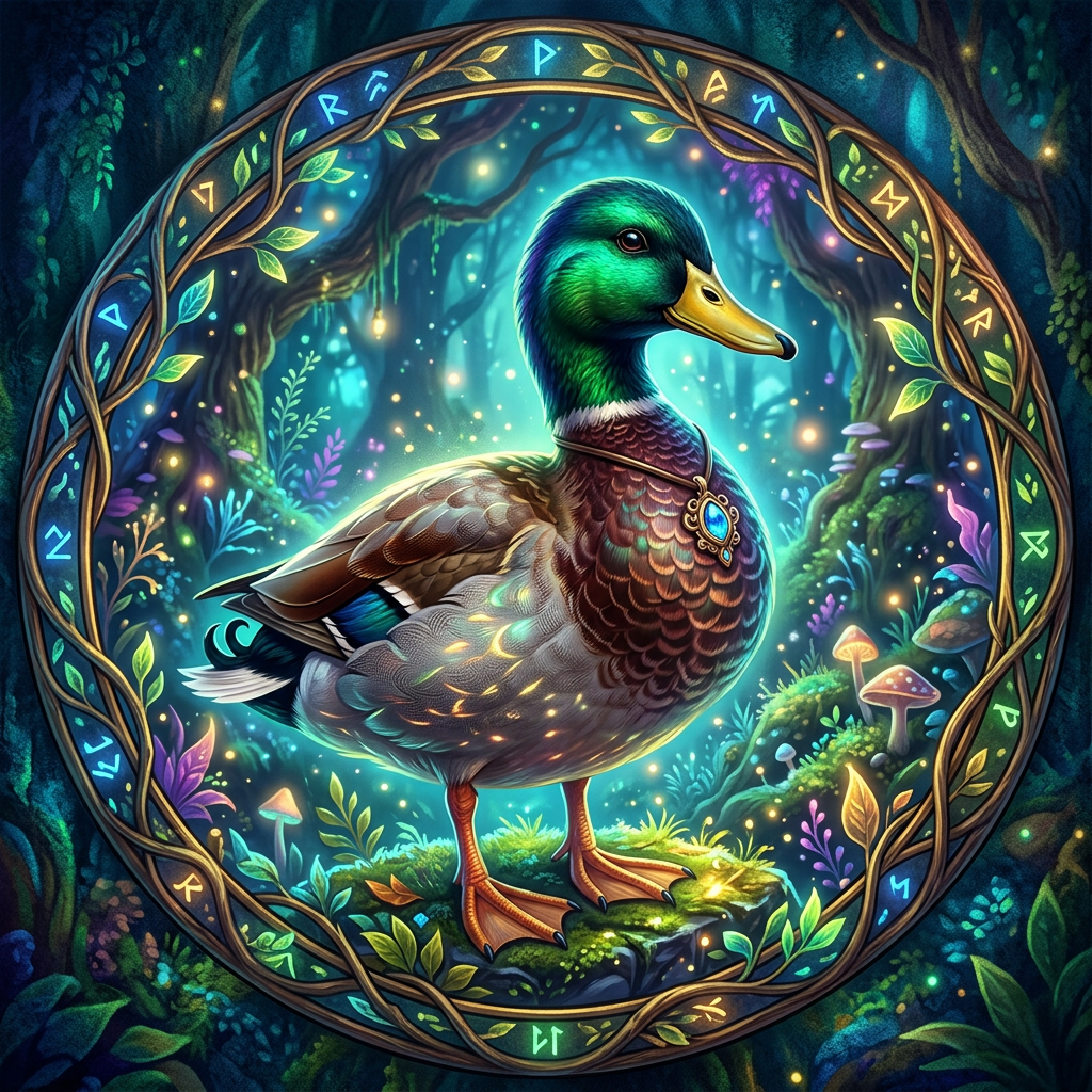 Vibrant fantasy mallard in a glowing rune circle with an enchanted forest background — whimsical forum avatar.