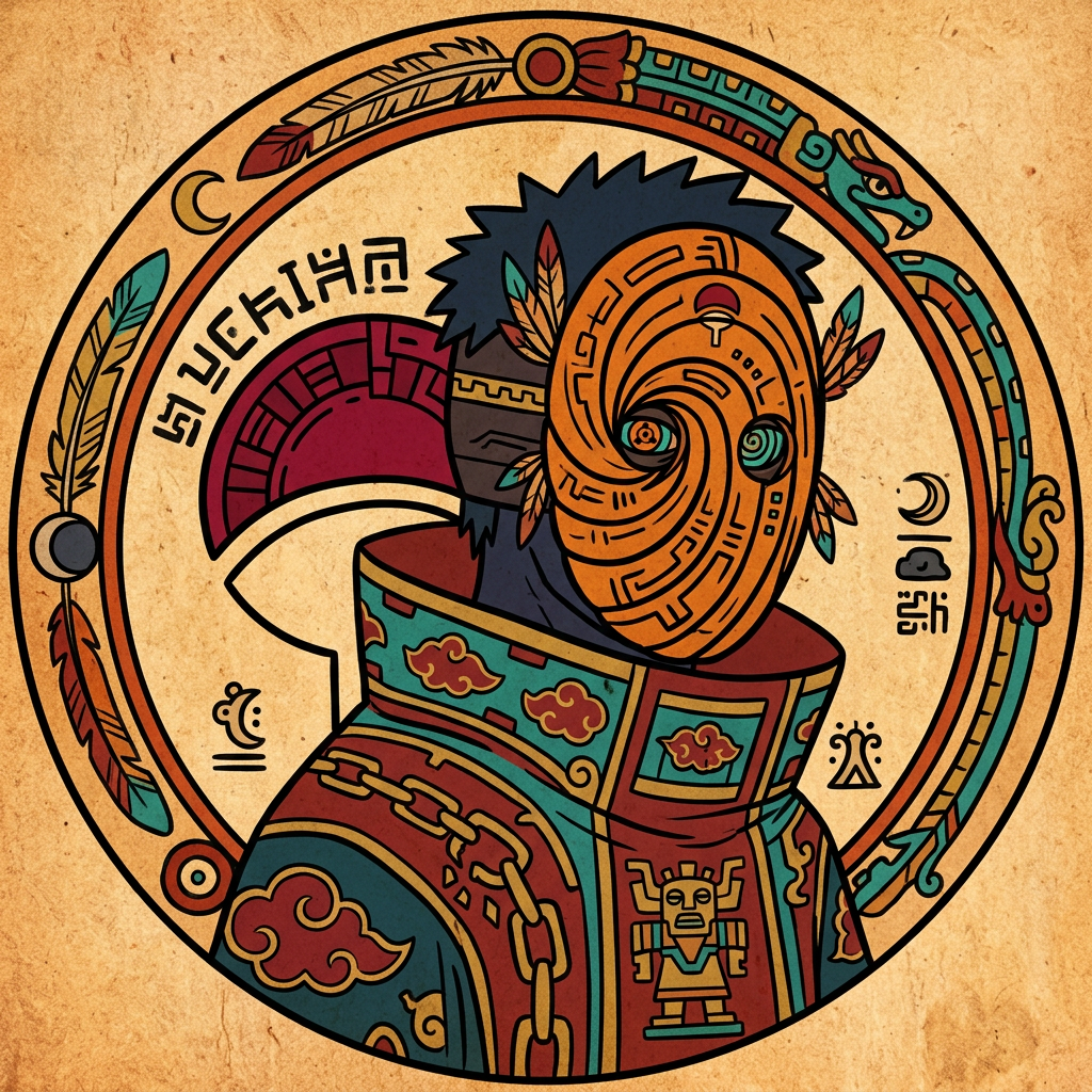 Forum avatar of Obito Uchiha in a stylized, vintage-color illustration: ornate spiral mask with feather accents and patterned armor set inside a decorative circular frame.