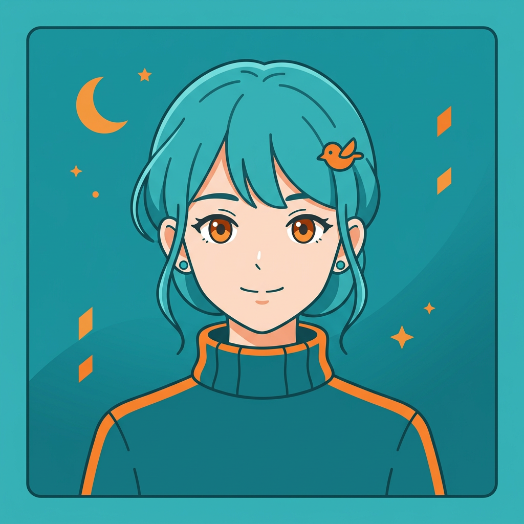 Minimalist anime-style forum avatar of a teal-haired woman with orange hair clip, warm brown eyes, turtleneck with orange trim against a teal background with moon and stars.