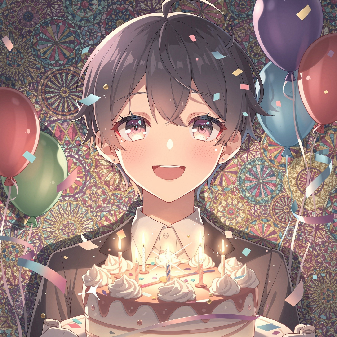 Anime birthday forum avatar/pfp/profile photo: smiling anime character holding a lit cake with candles, surrounded by balloons, confetti, and a decorative festive background.
