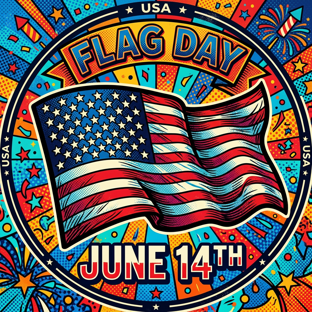 Vibrant comic-style Flag Day forum avatar/pfp featuring a waving U.S. flag, bold FLAG DAY banner, June 14th text, stars, fireworks and colorful pop-art background.